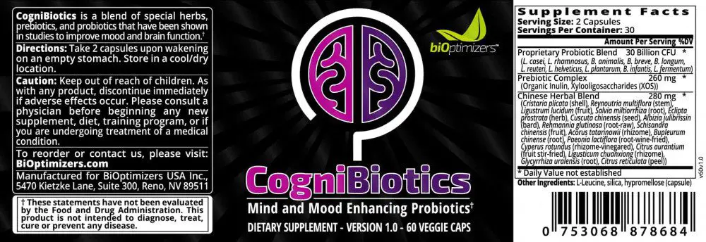 Bioptimizers Cognibiotics Special Blend of Chinese Herbs, Probiotics and Prebiotics for Mind and Mood (Stress, Anxiety, Depression etc.)