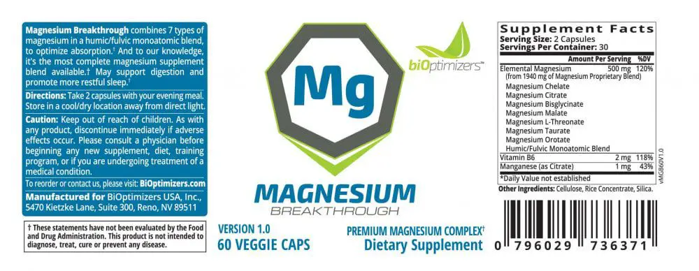 Bioptimizers Magnesium Breakthrough Premium Magnesium Complex with Humic and Fulvic Blend of Minerals