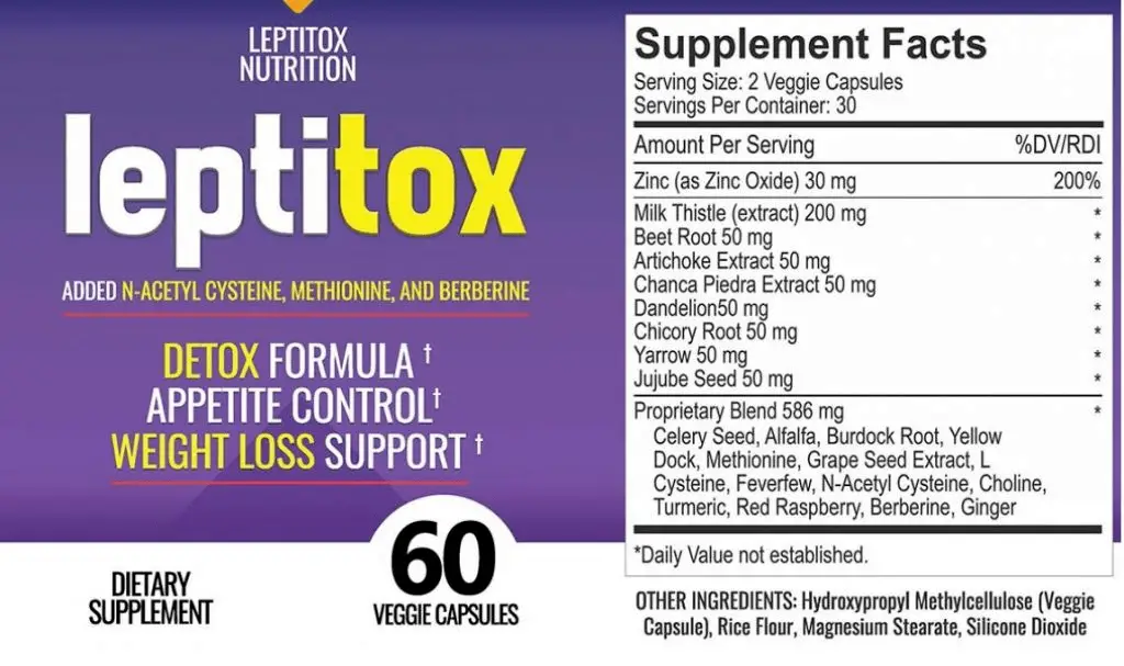 leptitox ingredient label supplement facts, serving size, servings per container