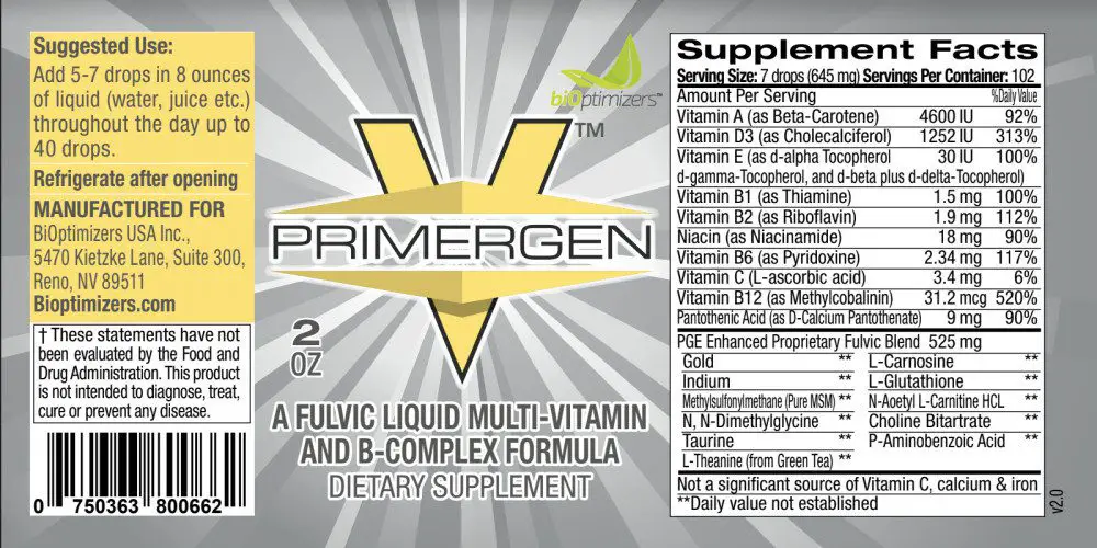 Primergen V- Vitamin Blend product label