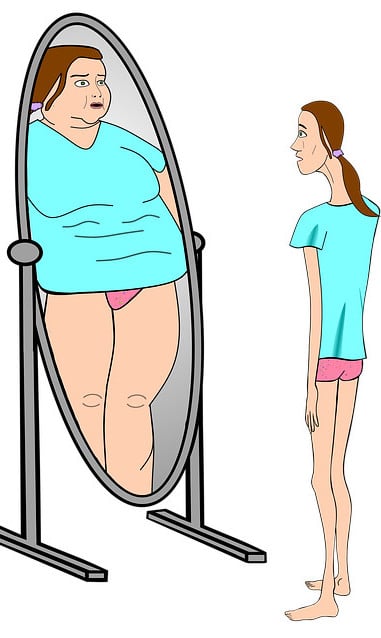 recognizing eating disorders.  A thin lady looking in a mirror and a fat lady looking back