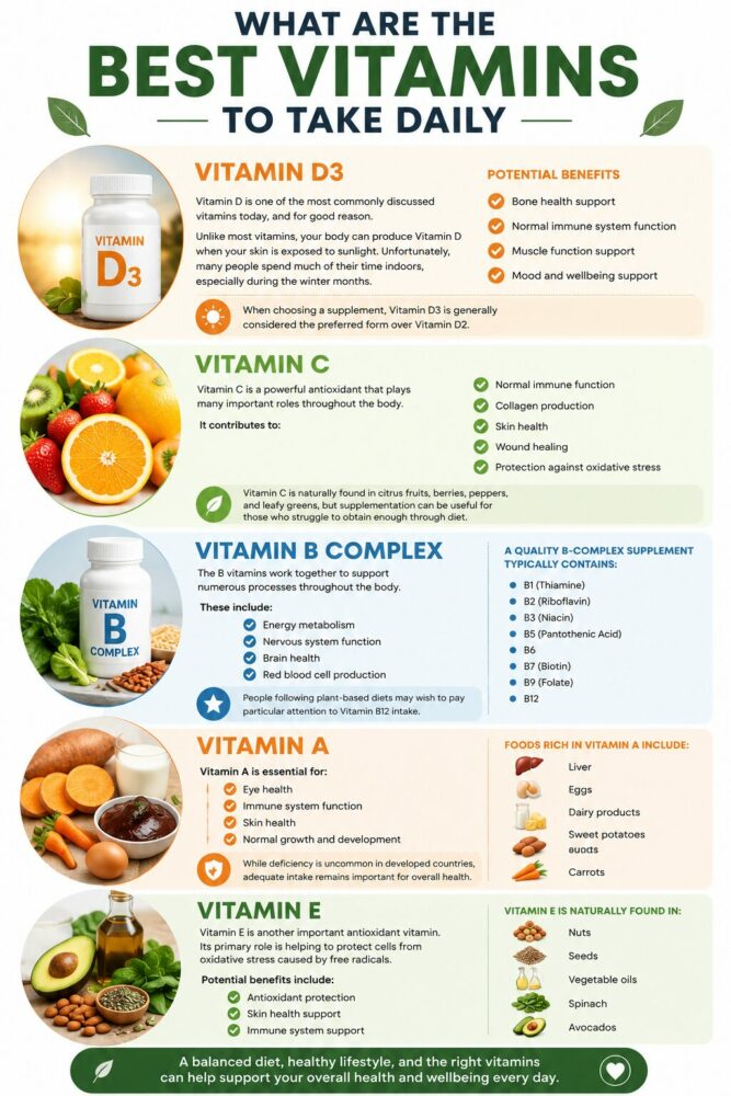 Best vitamins to take daily infographic featuring Vitamin D3, Vitamin C, Vitamin B Complex, Vitamin A, and Vitamin E with benefits for immune health, energy, skin health, bone health, and overall wellbeing.