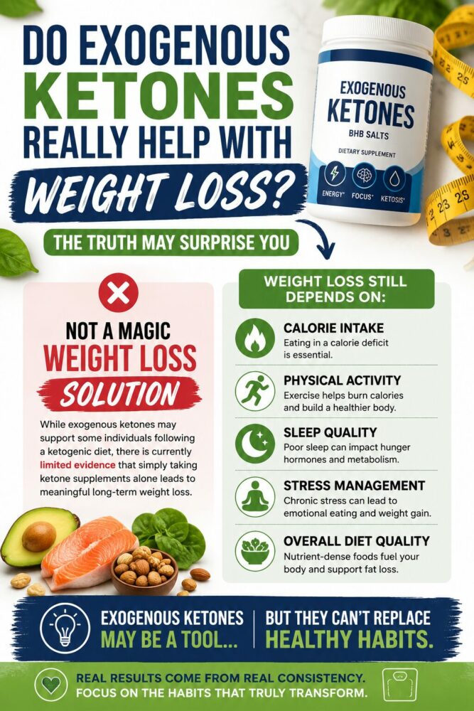 Pinterest infographic showing whether exogenous ketones help with weight loss, explaining that ketone supplements are not a magic fat loss solution and that calorie intake, exercise, sleep, stress management, and healthy eating remain essential for long-term results.