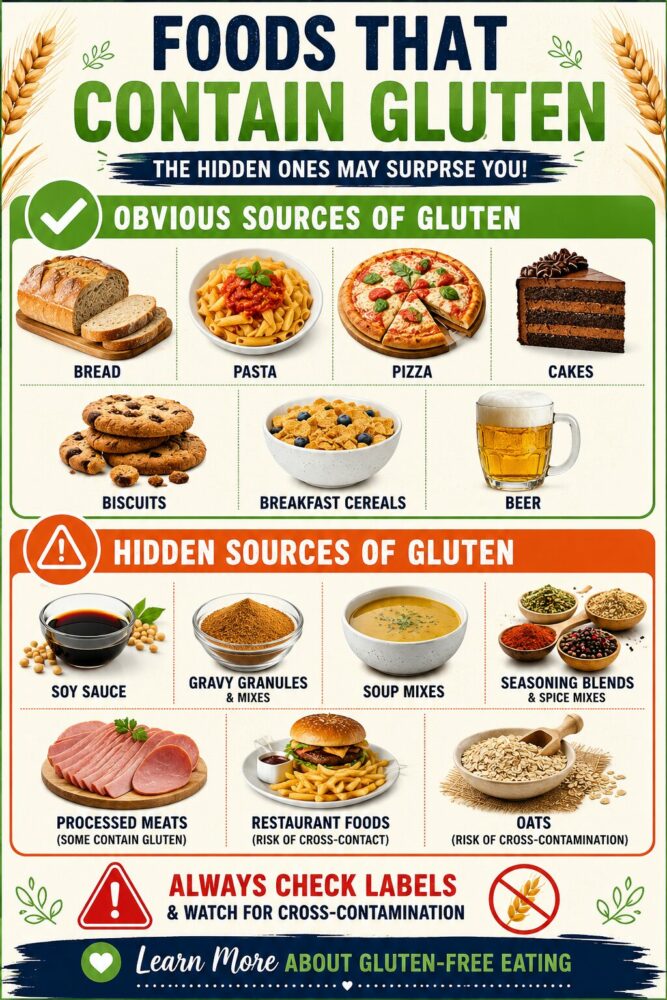 Infographic showing obvious and hidden foods that contain gluten. Obvious sources include bread, pasta, pizza, cakes, biscuits, breakfast cereals and beer. Hidden sources include soy sauce, gravy mixes, soup mixes, seasoning blends, processed meats, restaurant foods and cross-contaminated oats. Includes a warning to check labels and avoid cross-contamination.