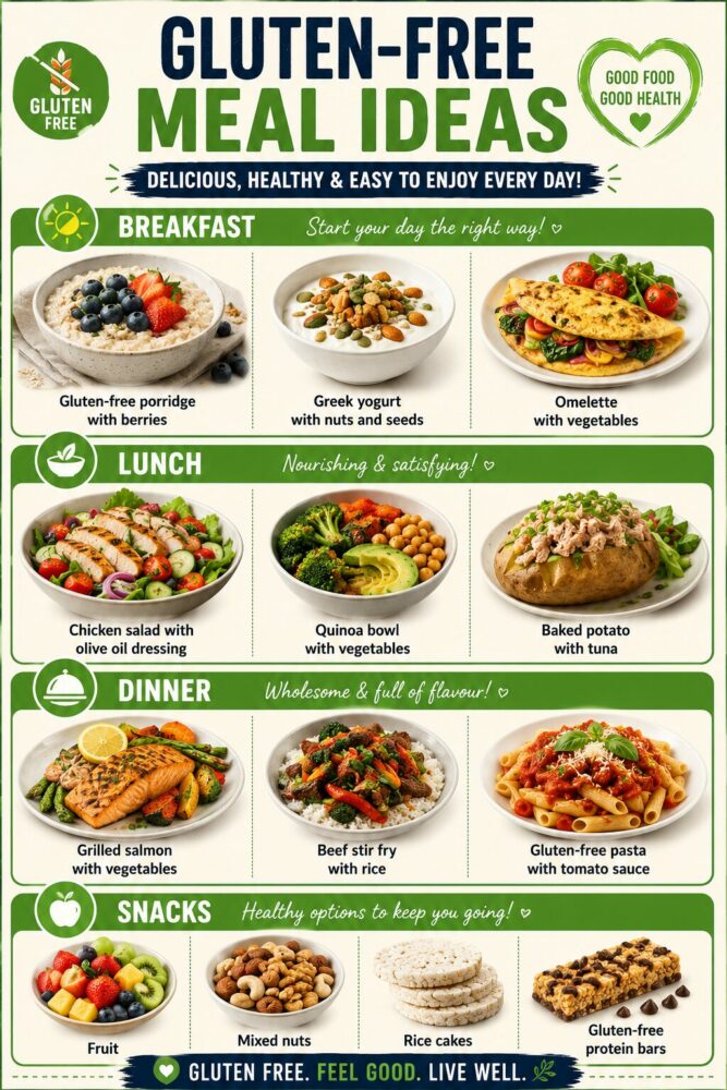 Pinterest infographic showing gluten-free meal ideas for breakfast, lunch, dinner and snacks. Includes gluten-free porridge with berries, Greek yogurt with nuts and seeds, vegetable omelette, chicken salad with olive oil dressing, quinoa bowl with vegetables, baked potato with tuna, grilled salmon with vegetables, beef stir fry with rice, gluten-free pasta with tomato sauce, fruit, mixed nuts, rice cakes and gluten-free protein bars.