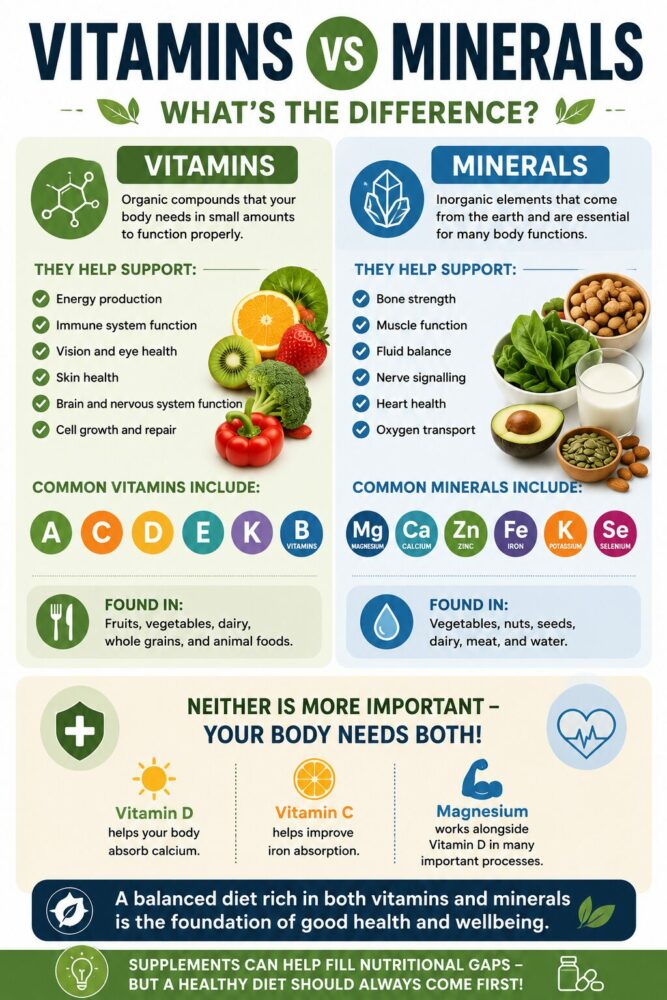 Vitamins vs minerals infographic showing the key differences between vitamins and minerals, including their functions, food sources, health benefits, and why both are essential for overall health.