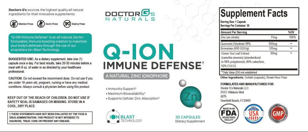 Doctor G Q Ion Immune Support System Zinc Ionophore Dietary Supplement label