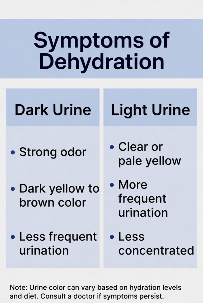 Symptoms of Dehydration - Close-up of dark vs light urine colour comparison chart.
