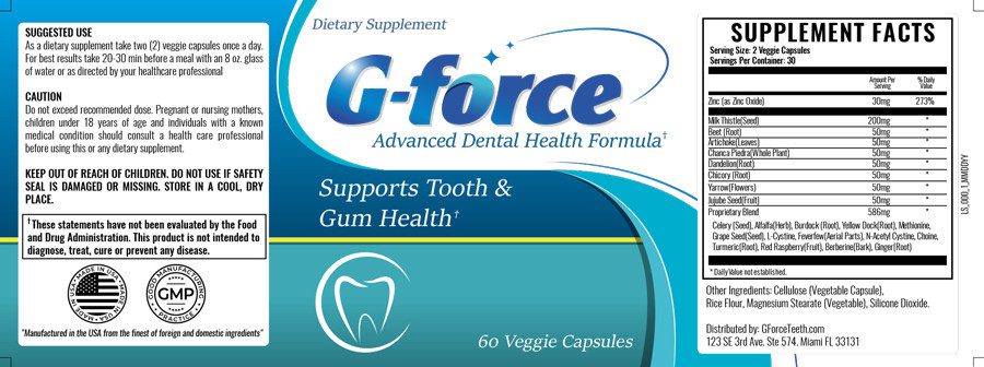 G Force Teeth Ingredients Label