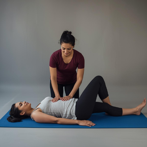 Fitness instructor demonstrating low-impact pelvic floor exercise