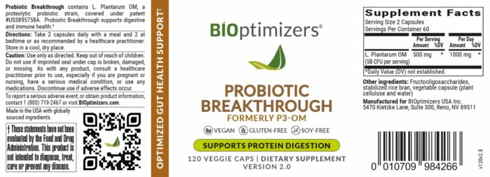 Newly updated P3-OM / Probiotic Breakthrough product label with supplement facts, directions for use and safety information