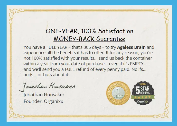 Organixx Ageless Brain One Year Satisfaction Guarantee