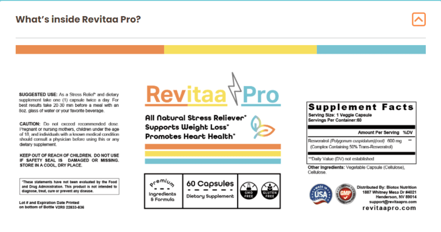 revitaa pro ingredients label