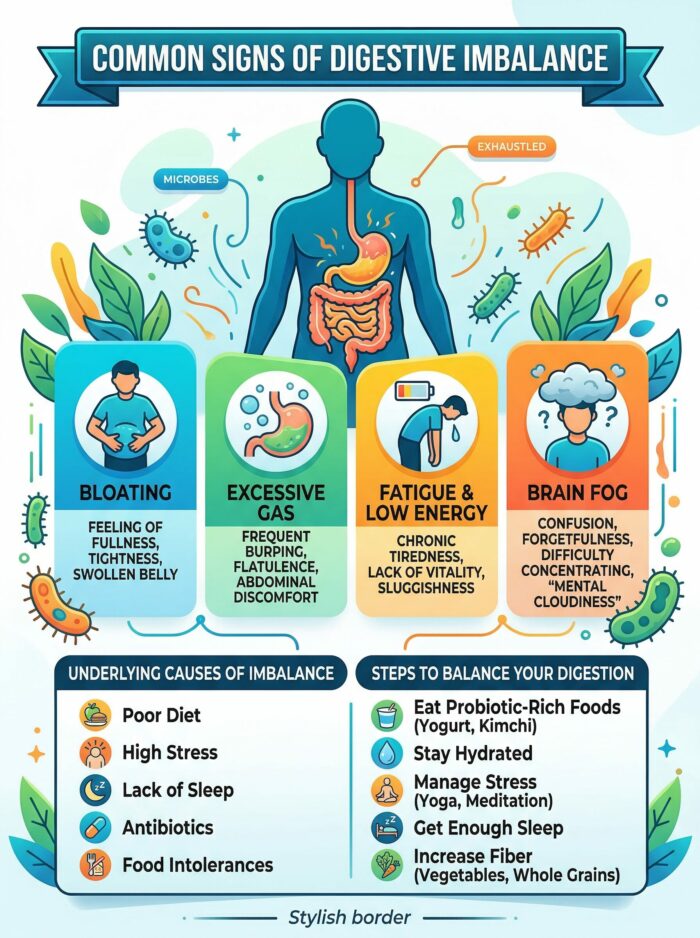 common signs of digestive imbalance including bloating, gas, fatigue, and brain fog