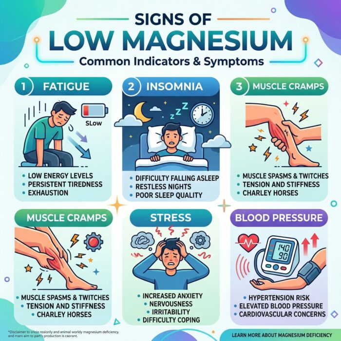 common signs of magnesium deficiency fatigue sleep problems muscle cramps infographic
