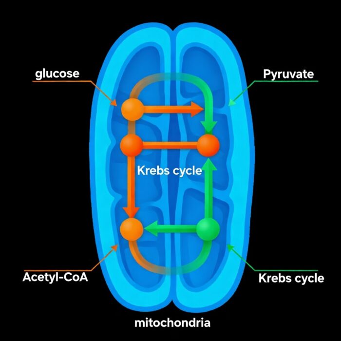 Illustration of glucose metabolism inside a cell showing glycolysis, Krebs cycle and ATP production in the mitochondria