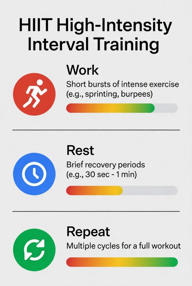 How HIIT exercises for beginners alternate short bursts of exercise with rest periods