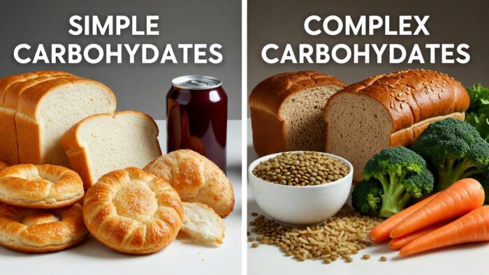 Comparison of simple and complex carbohydrates for weight loss, including pastries, bread, beans, vegetables, and whole grains