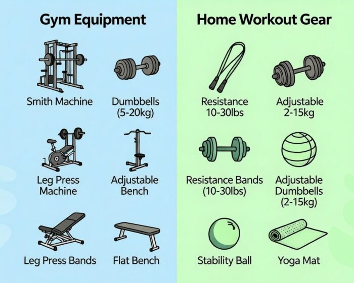 Side-by-side comparison of gym equipment and home workout gear for beginner strength training.