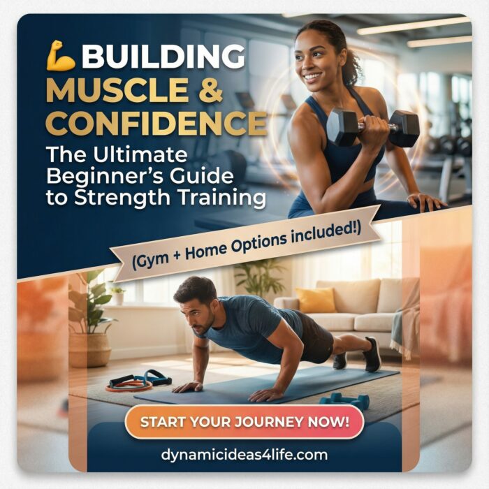 beginner strength training guide pinnable image with woman lifting dumbbell and man doing push-up at home