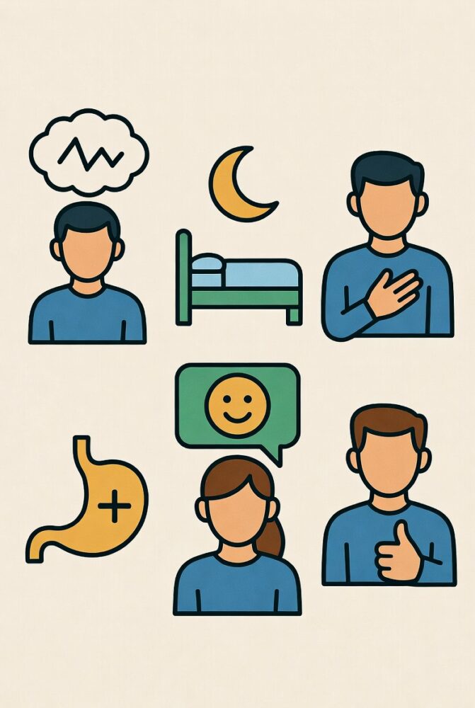 Simple icon-style graphic listing benefits (stress, sleep, pain, digestion)