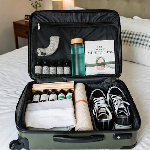 Travel wellness kit including digestive enzymes, probiotics, water bottle, and healthy snacks
