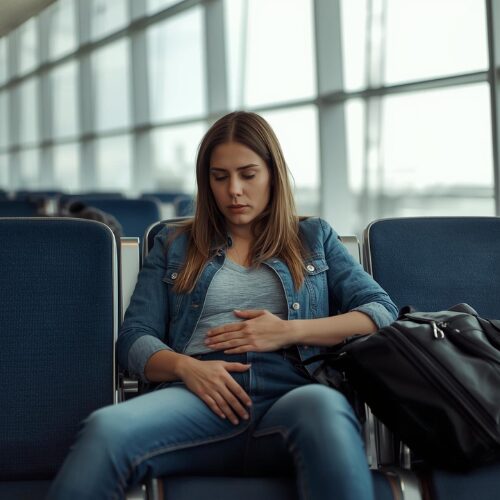 “Traveller experiencing bloating and stomach discomfort after long flight”