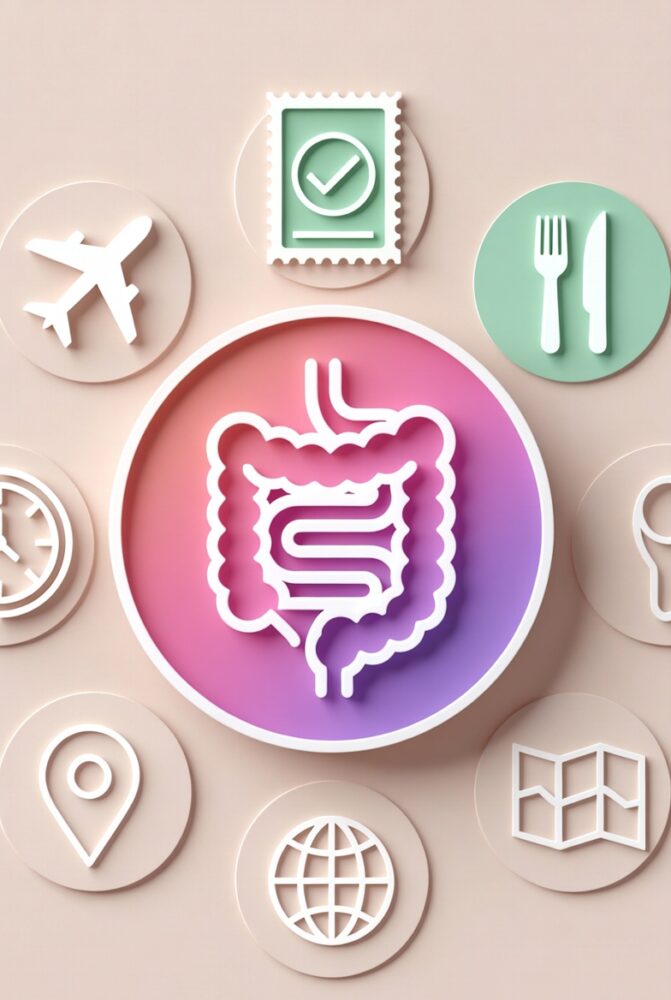 Illustration showing how travel stress, flights, time zone changes, and new foods disrupt gut health
