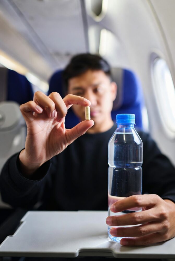 “Taking probiotic supplement with water during long-haul flight”