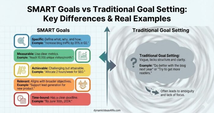 “Comparison between SMART goals vs Traditional Goal Setting checklist and traditional vision-based goal setting.”