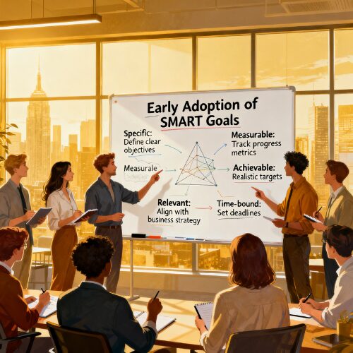 “Business planning session illustrating early adoption of SMART goal methodology.”