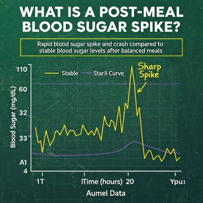 “Graph comparing rapid blood sugar spike and crash with stable blood sugar response after balanced meals”