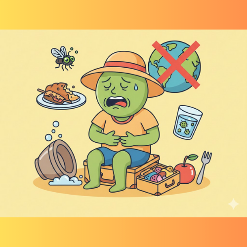 Animation of traveller that is dealing with gut health issues such as diarrohea