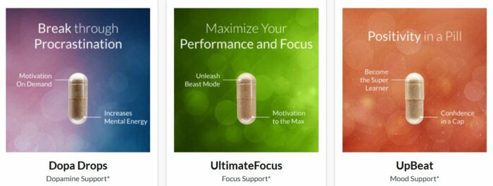 Nootopia Dopa Drops, Ultimate Focus and Upbeat stacks.