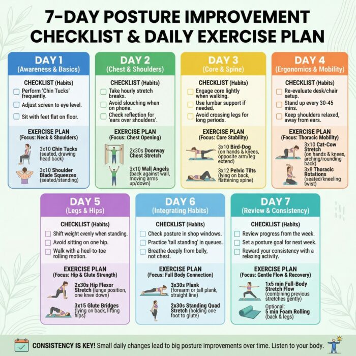 “7 day posture improvement checklist with daily exercise plan”