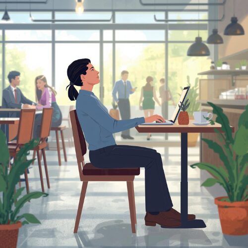 “Person maintaining upright sitting posture while working at laptop”