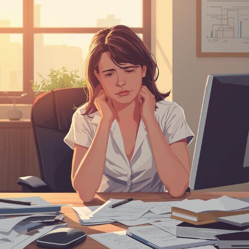 “Person experiencing neck and shoulder pain from prolonged poor posture”