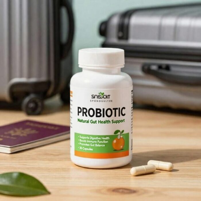 “Shelf-stable probiotic supplement for travel gut preparation”