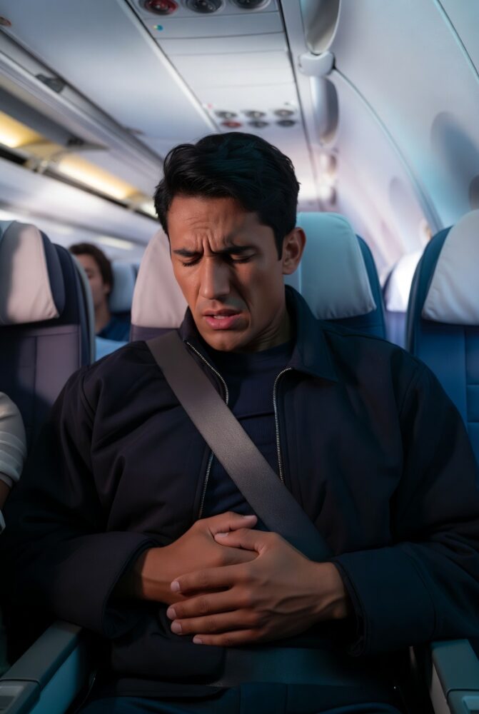 traveler experiencing stomach discomfort during flight