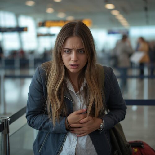 “Traveler experiencing IBS symptoms at airport before international flight”