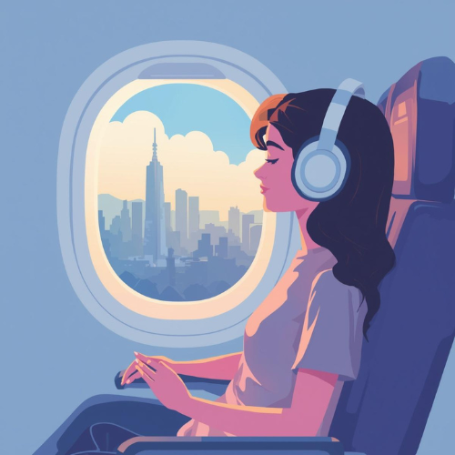Graphic of girl manageing stress whilst traveling with meditation apps