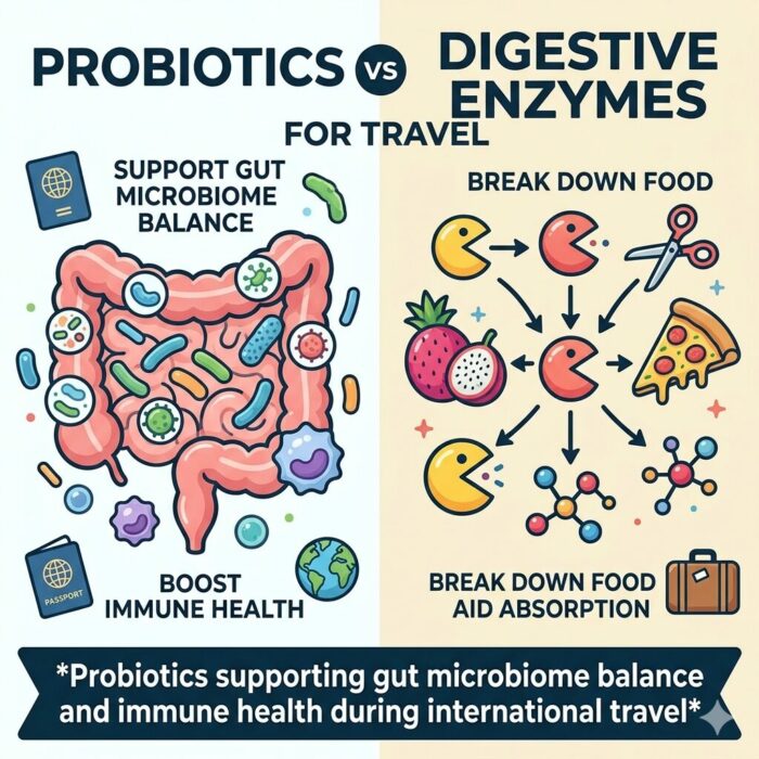 “Probiotics supporting gut microbiome balance and immune health during international travel”