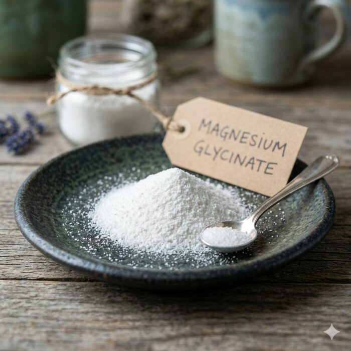 A pile of white magnesium glycinate powder on a dark ceramic plate with a small silver spoon and a labeled glass jar on a rustic wooden table.