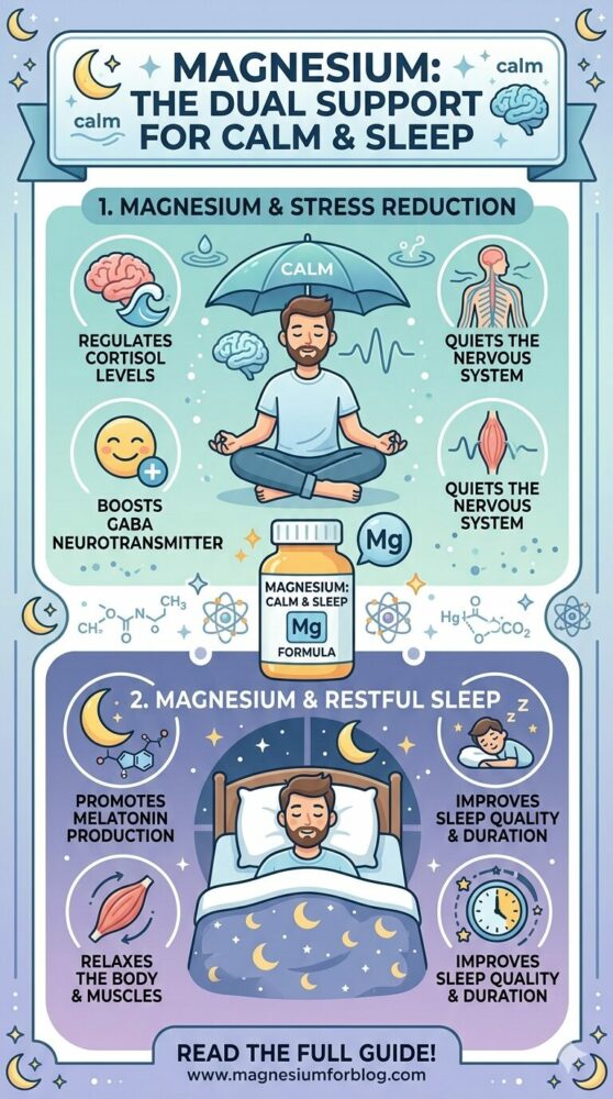 Infographic illustrating how magnesium supports stress reduction (regulating cortisol, boosting GABA, quieting the nervous system) and restful sleep (promoting melatonin, relaxing muscles, improving sleep quality). The bottom includes the link dynamicideas4life.com.