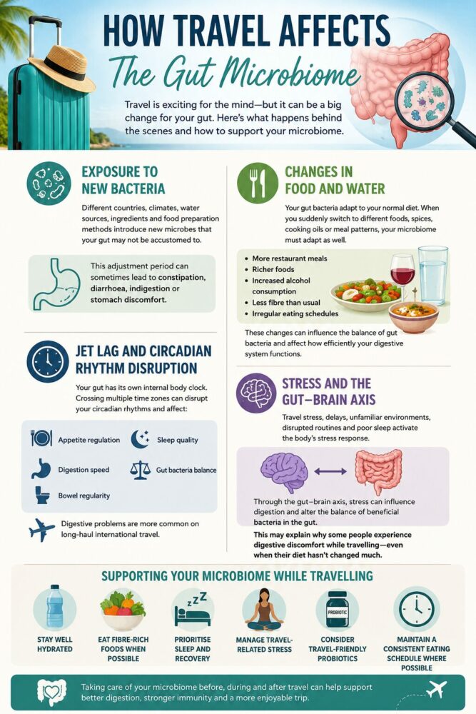 How travel affects the gut microbiome infographic showing bacteria exposure, food changes, jet lag, stress, and gut health support tips for travellers.