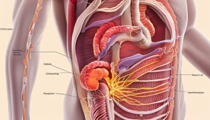 Illustration of Crohn's Disease showing inflamed sections of the gastrointestinal tract with dashed lines representing the areas affected.