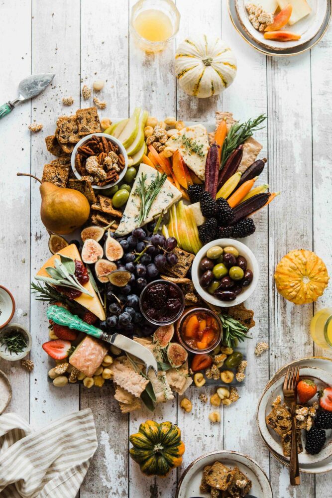 A plate with healthy food including fruits, vegetables, and dairy alternatives.