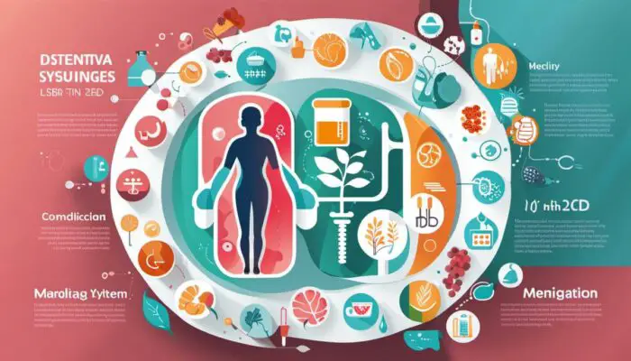 An image showing a person with digestive system as a background and icons representing medication, dietary changes, lifestyle modifications, and surgery in the foreground, symbolizing the comprehensive approach to managing IBD.