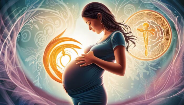 Illustration of a pregnant woman holding her abdomen with a medical symbol representing IBD in the background