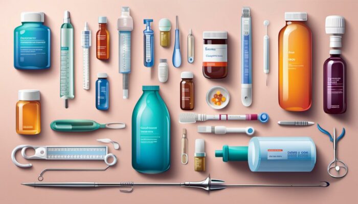 Illustration of IBD treatment options with various medication bottles and surgical tools.